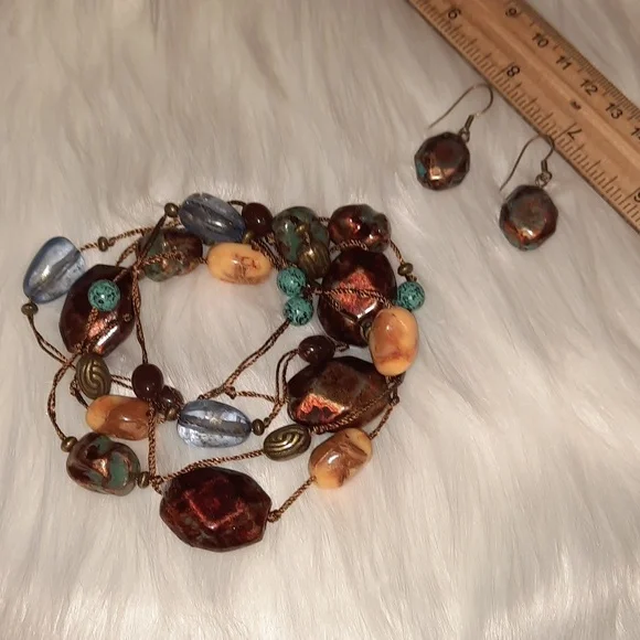 Boho bead xtra long necklace and matching earrings GUC - Picture 2 of 13